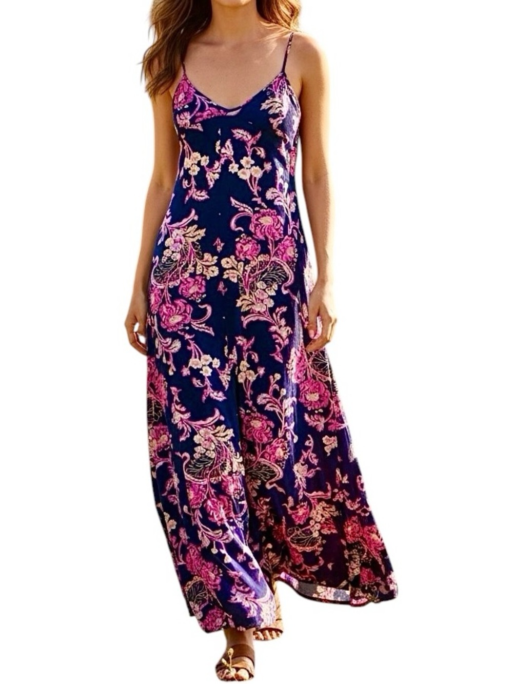 Vintage 70s Psychedelic Floral Maxi Dress Cotton Navy Magenta Boho Fits S/M
